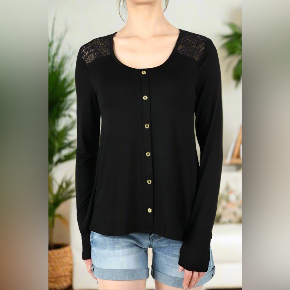 S/M NEW Womens Long Sleeve Black Top, Lace Trim Shirt, Faux Button Top